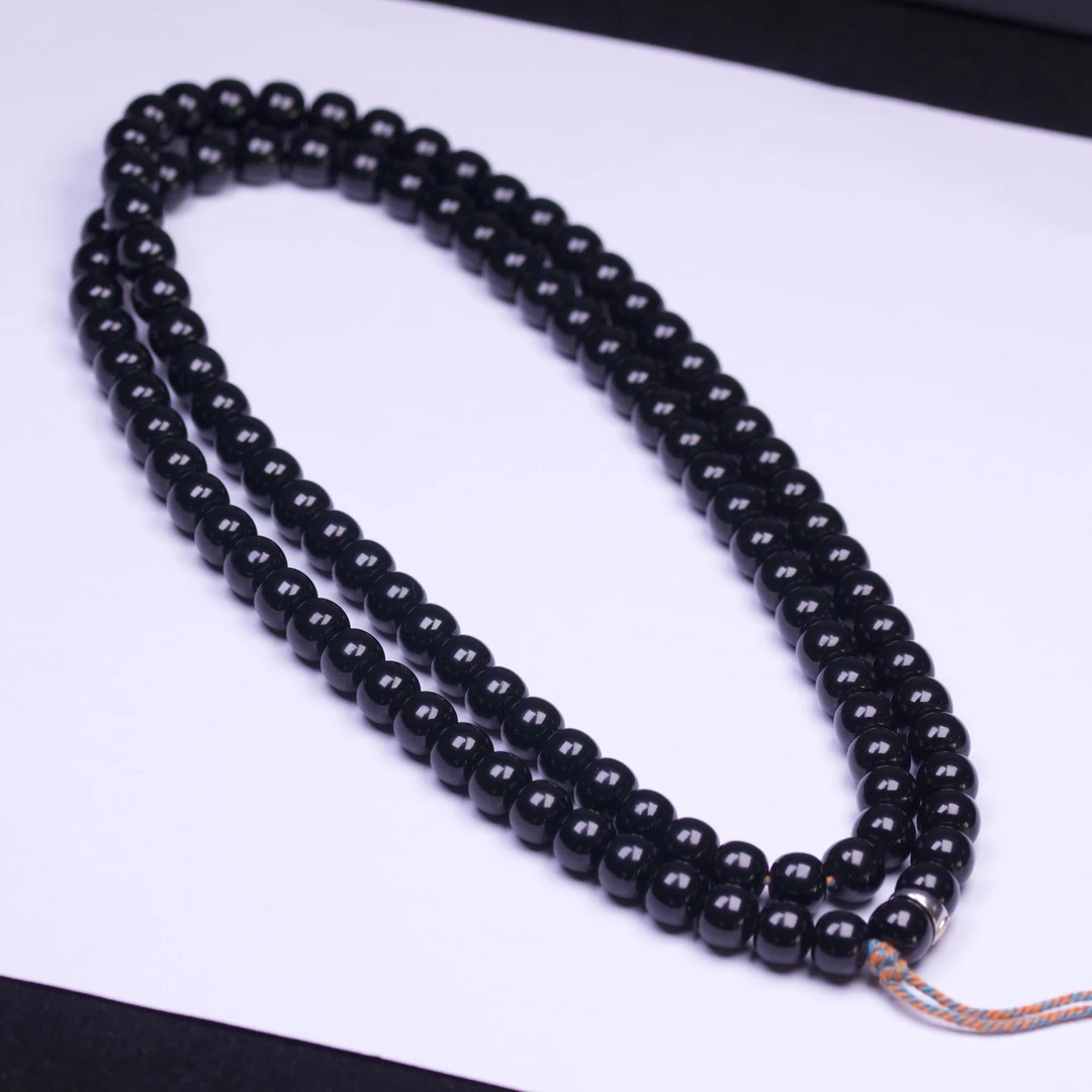 和田玉留皮黑青108脖挂黑羊脂直切老型文玩墨玉黑色玉石手串