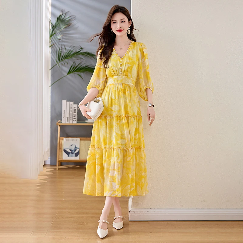 2025夏季新款时尚修身通勤好看收腰长裙V领印花时尚连衣裙Z5392