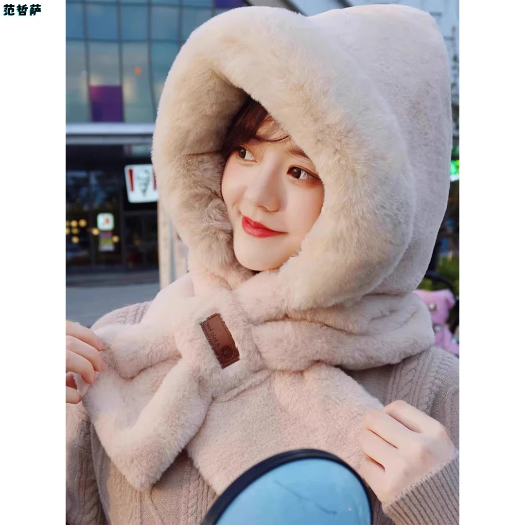 帽子围巾一体女2025秋冬季新款可爱毛绒防寒连帽护耳韩版百搭保暖