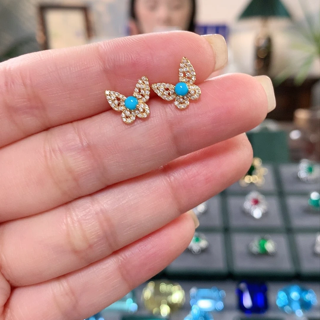 【闪购商品】银S925镶嵌绿松石耳钉蝴蝶满钻耳钉