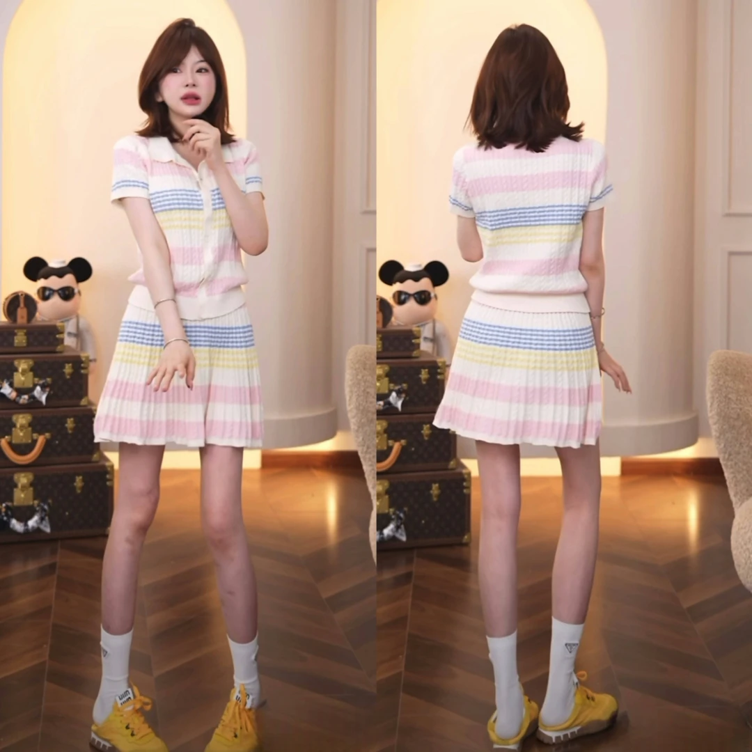 2025春夏新款设计感洋气时尚休闲Polo领针织衫+半身裙两件套套装