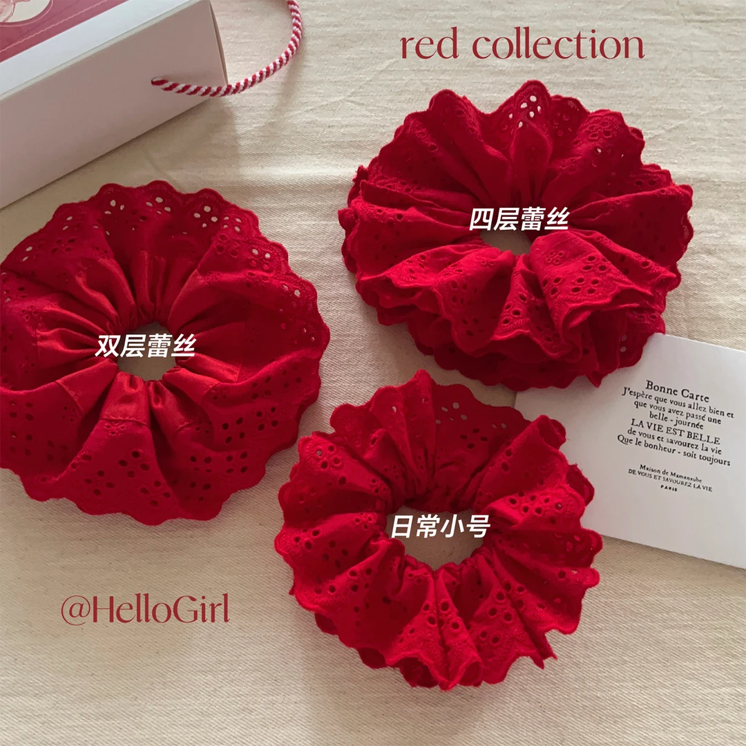 杨超越同款红色蕾丝花边发圈法式复古温柔发绳大肠圈发饰女F02