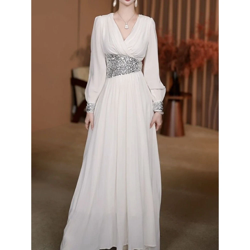 休闲度假风优雅轻奢时尚亮片连衣裙2025春季新款洋气减龄显瘦长裙