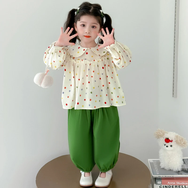 中小童秋装时尚圆点蝴蝶结套装2025新款儿童洋气女宝宝休闲两件套