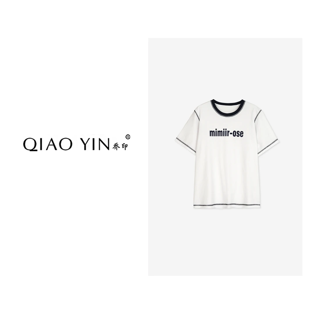 QIAO YIN“T恤”白色时尚休闲女士夏季设计师圆领QY27164