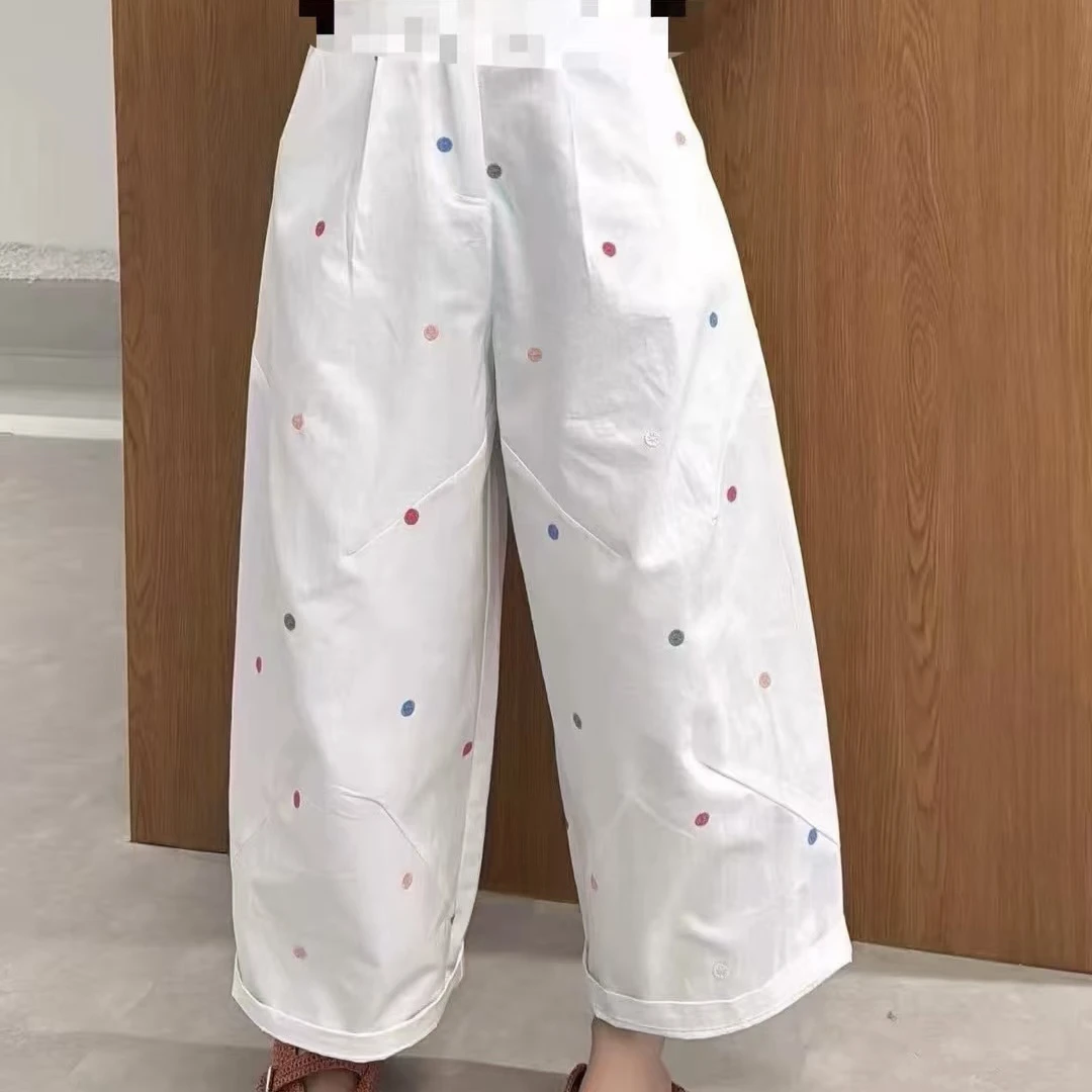 彩色波点休闲裤1660凤枝大码女装夏款刺绣老爹裤 长90