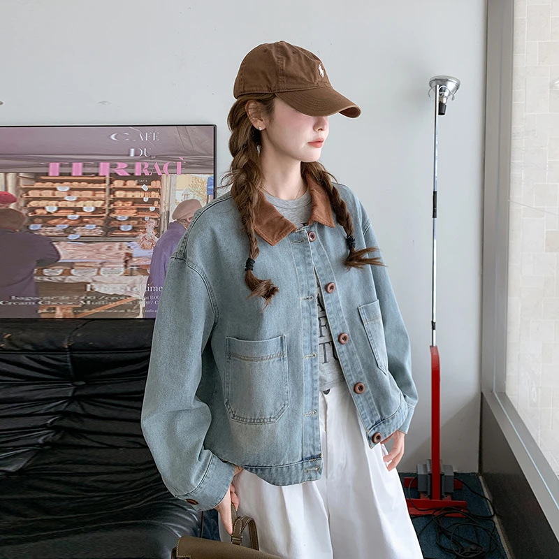 港风复古短款牛仔外套女2025年春季新款撞色翻领百搭小个子夹克潮