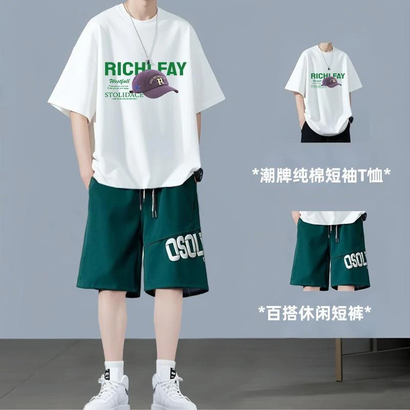 2025新短袖t恤套装男夏薄款青少年卡通印花休闲运动舒适韩版短裤