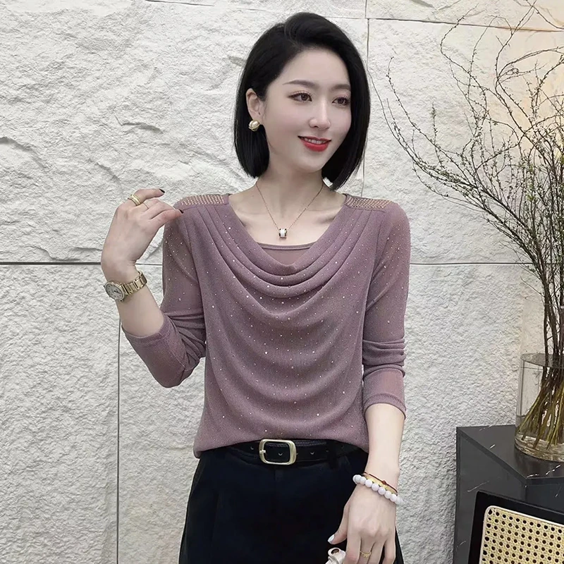 2025春季新款堆堆领烫钻洋气小衫女大码遮肚子减龄长袖上衣妈妈装