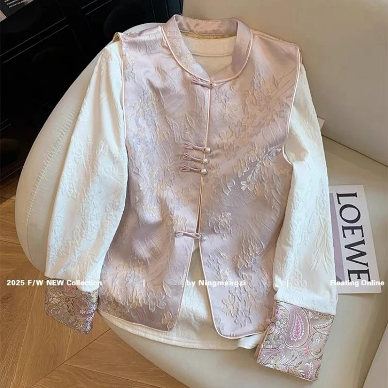 2025粉色新中式浮雕提花盘扣马甲女春夏新款国风气质叠穿背心