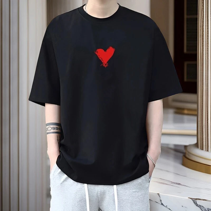 仓石一树潮牌爱心圆领短袖T恤男士夏季潮流宽松百搭情侣装半袖ins