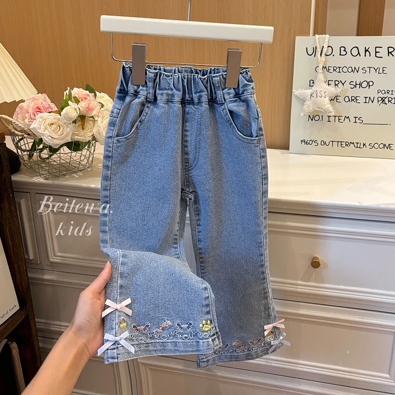 新款女童秋款百搭卡通刺绣蝴蝶结牛仔裤女宝宝韩版休闲时尚秋季