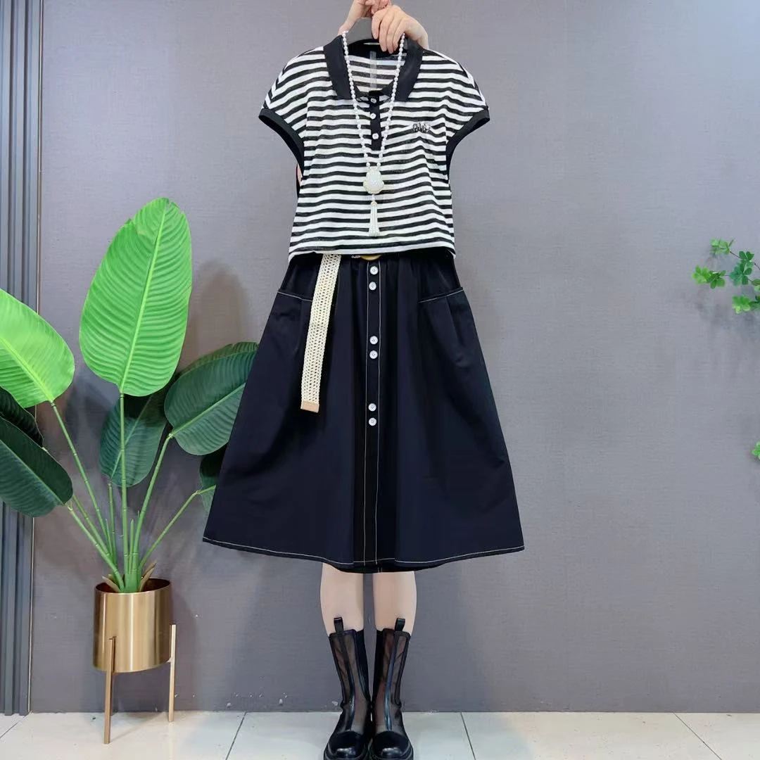 欧货POLO领飞飞袖条纹T恤衫+半身裙两件套装女夏季新款英伦风套装