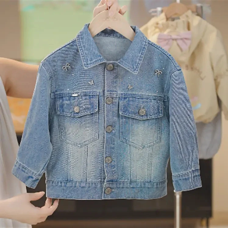 MOMOCO2025秋款女童新款亮闪闪重工烫钻百搭牛仔外套77730129011
