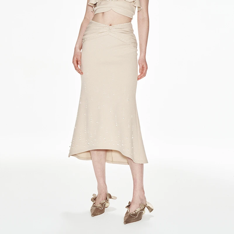 【陈大可】LE FAME/拉飞姆中长款卫衣料珍珠缩褶透气包臀鱼尾半裙