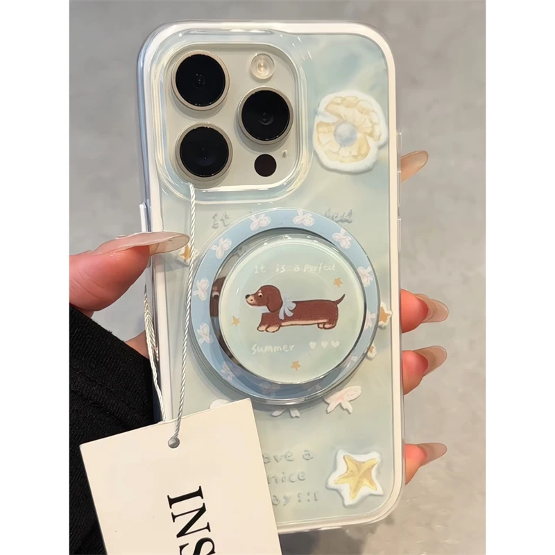 适用苹果iphone16promax腊肠狗支架15pro磁吸14韩系13简约手机壳