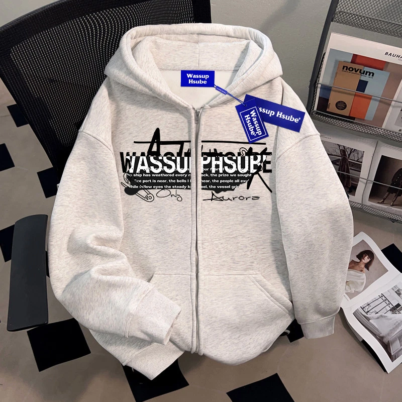 WASSUP HSUBE美式潮牌开衫连帽卫衣外套男士冬装高级感重磅上衣服