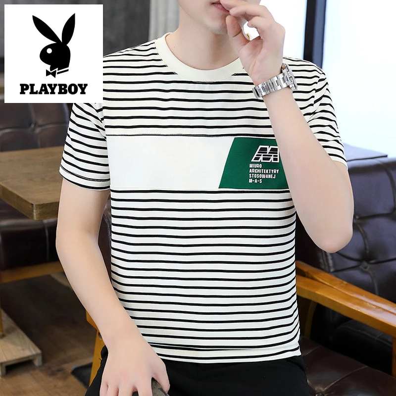 花花公子夏季高端新款条纹T恤男百搭时尚撞色潮流高品质休闲帅气
