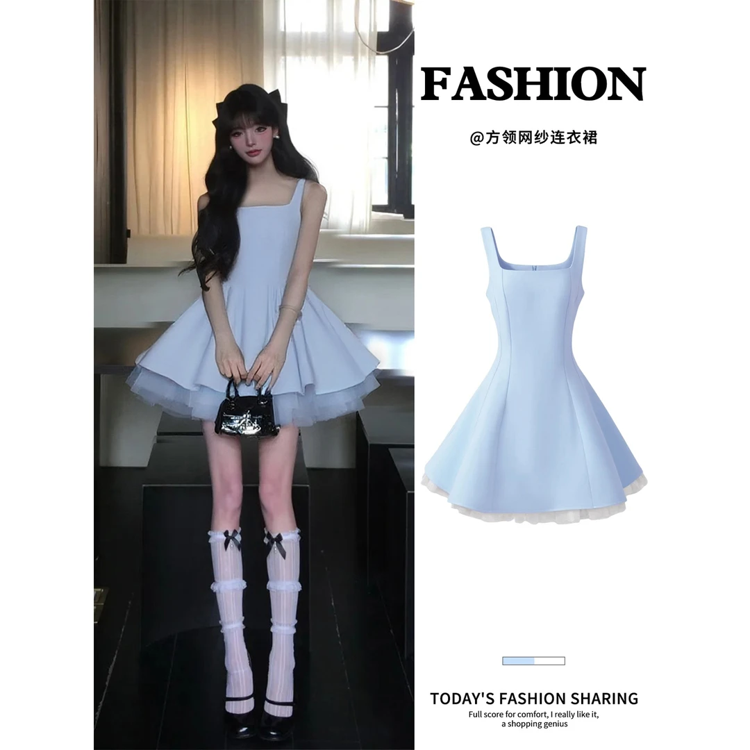 蓝色缎面连衣裙女夏日绝美巨好看多巴胺吊带无袖公主蓬蓬短裙子薄