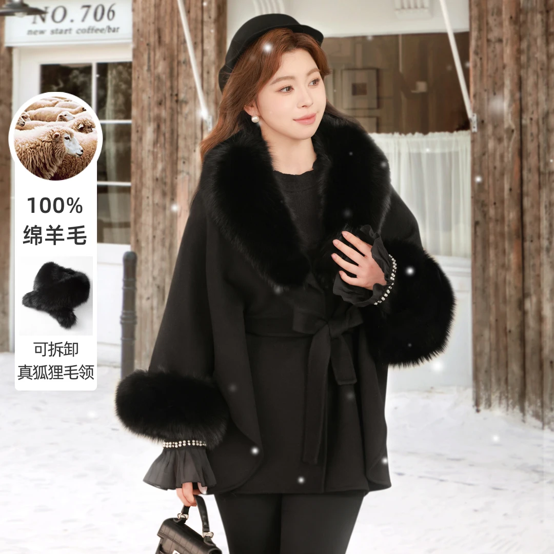 100%绵羊毛狐狸毛领可拆】MsShe大码女冬双面毛呢大衣A~B2411014