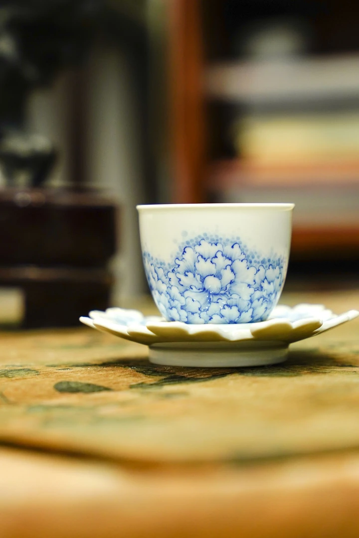 青樵轩   青花花卉一杯一碟    品茗陶瓷纯手工茶具银