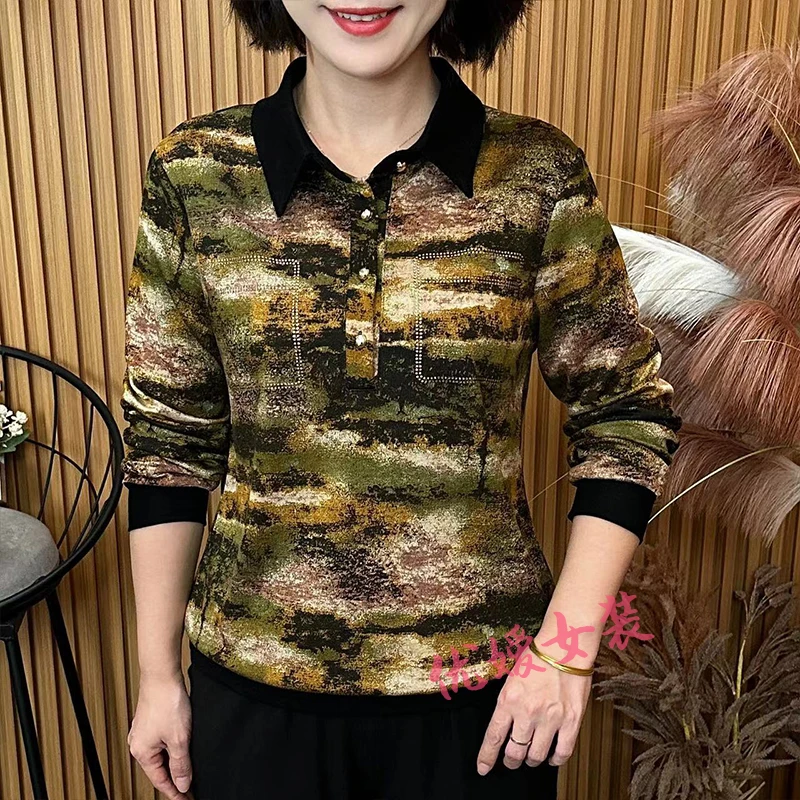 洋气妈妈装秋季时尚半开领烫钻晕染宽松显瘦中老年女装长袖上衣