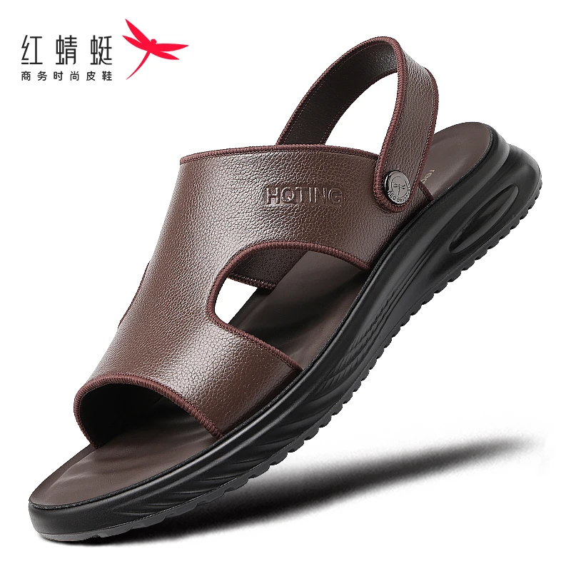 红蜻蜓夏款凉鞋男士真皮凉鞋头层牛皮户外透气沙滩鞋休闲防滑防臭
