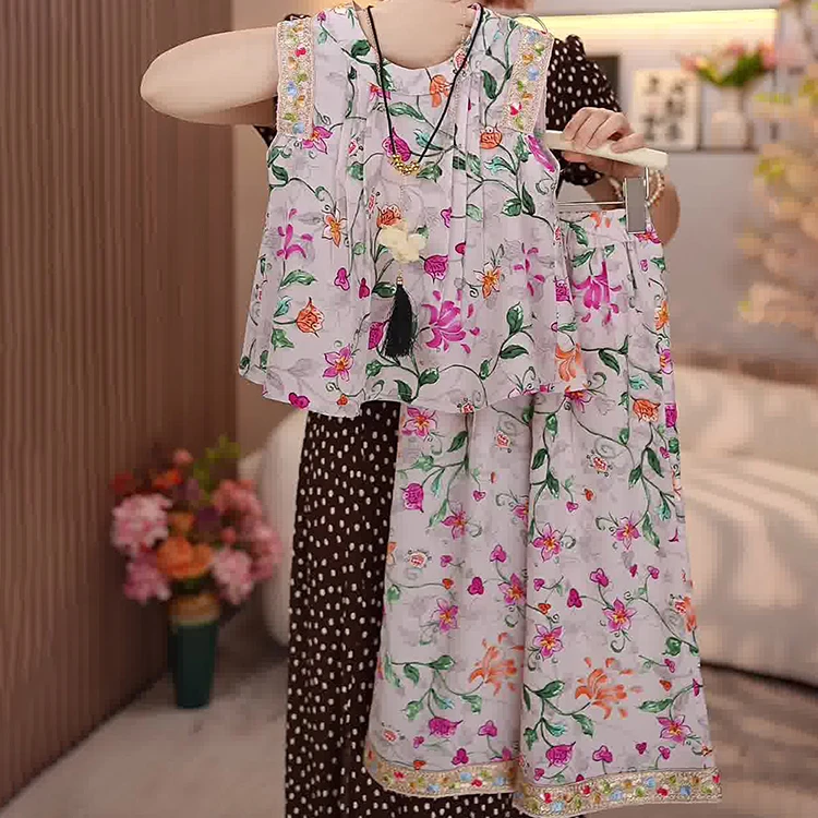 女童夏装2025新款套装设计师款碎花无袖娃娃衫+休闲阔腿裤两件套