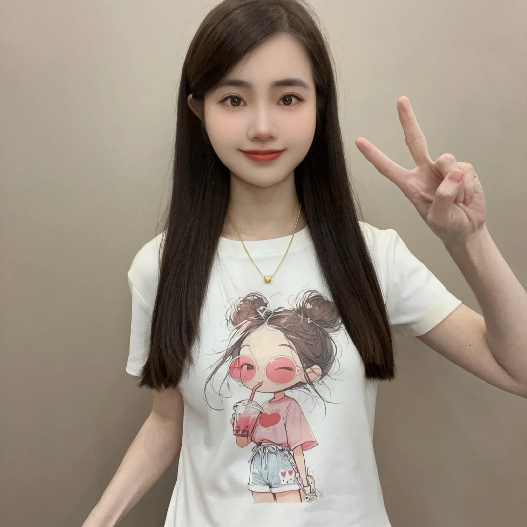 吸管女孩 2025夏季新款圆领短袖T恤百搭显瘦上衣女时尚休闲印花