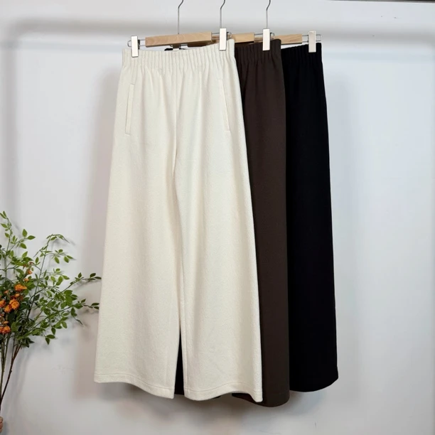王牌裤 蚕丝羊毛混纺加厚直筒羊毛休闲裤显瘦随性松紧腰阔腿裤女