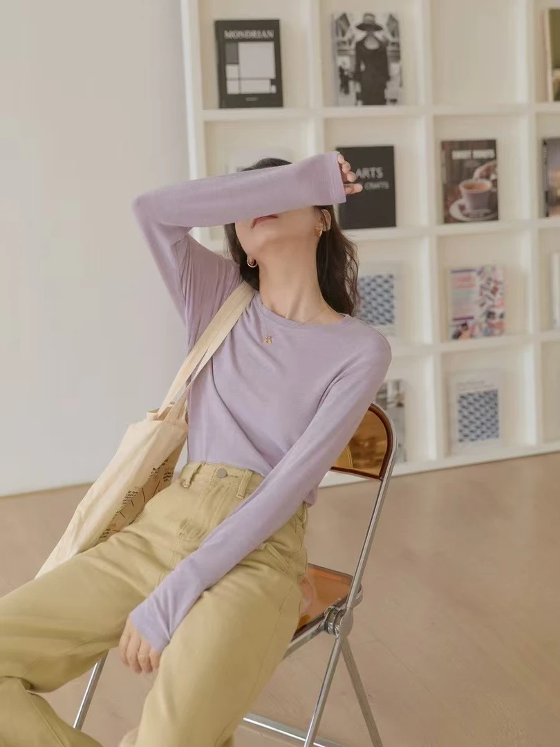 打底2518新款宽松基础百搭圆领长袖T恤女简约软糯显瘦纯色上衣
