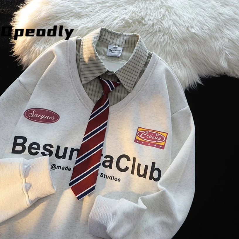 Opeodly美式学院风长袖领带假两件卫衣男女学生秋冬宽松设计百搭