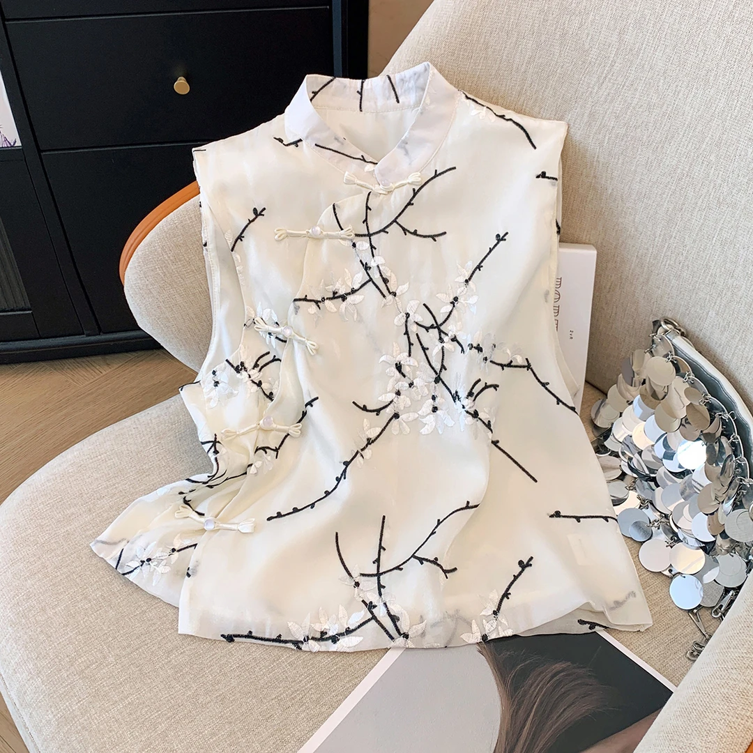 新中式国风盘扣刺绣无袖衬衫马甲背心女夏季新款复古立领坎肩上衣