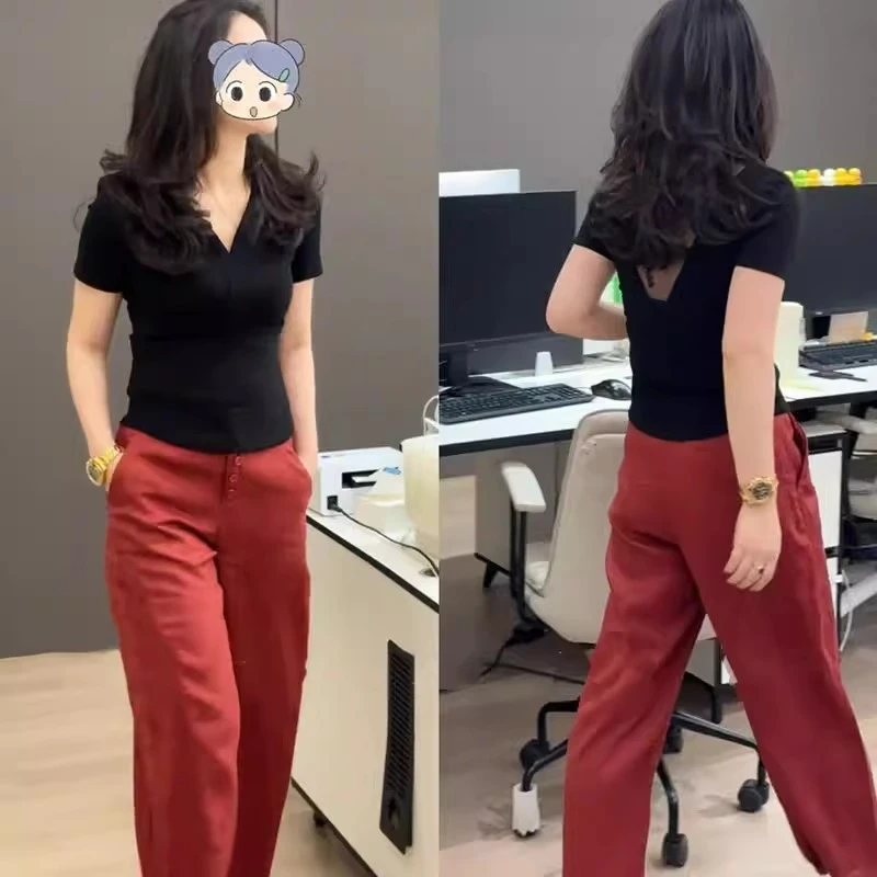 2025夏季新款女士时尚套装气质时髦百搭V领短袖九分阔腿裤两件套