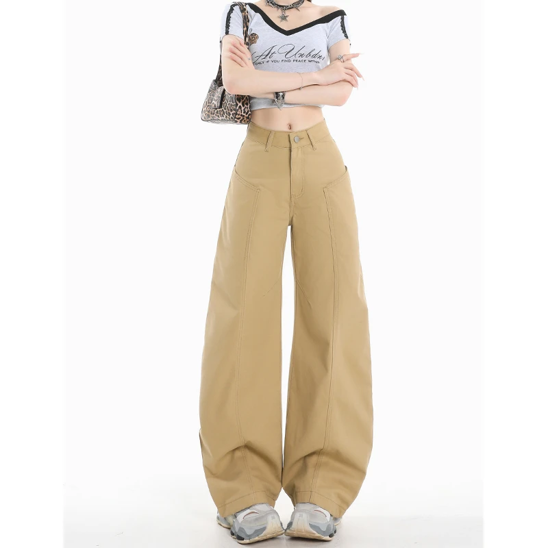 拉夏贝尔小众休闲牛仔弯刀裤女秋季新款美式潮流百搭卡其色阔腿裤
