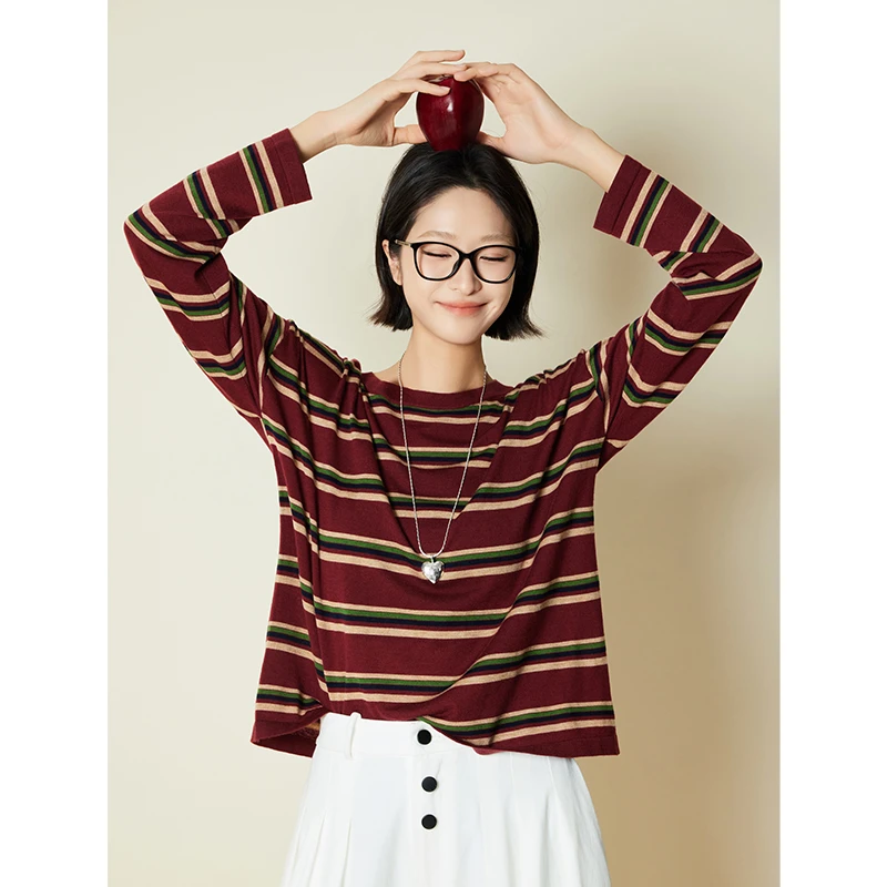 A美洋MEIYANG 树莓千层针织衫丝光羊毛混纺宽松圆领撞色条纹上衣S