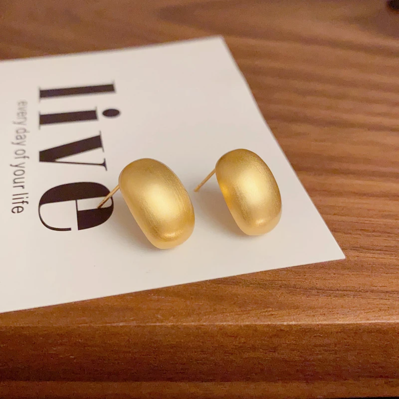 黄铜耳饰 气质小巧简约金属椭圆方块几何耳钉时尚小众法式磨砂