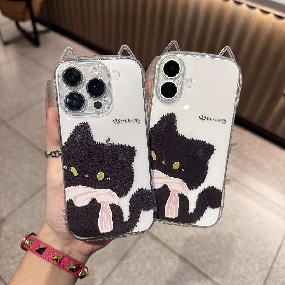 半脸猫咪猫耳朵壳适用苹果17/16/15手机壳华为P70vivoppo小米14男