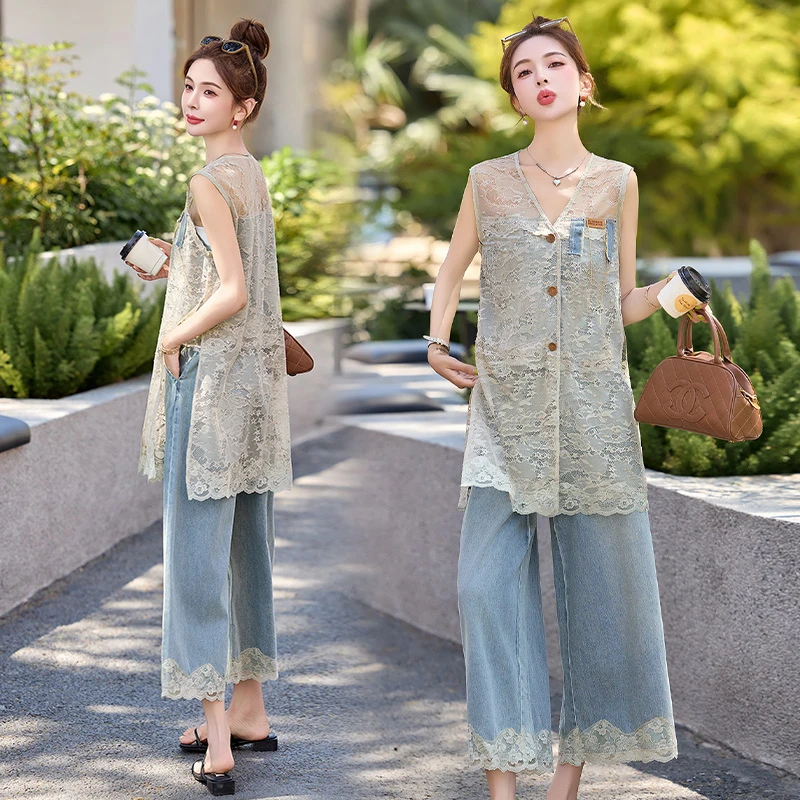 韩系蕾丝罩衫牛仔套装女2025夏季新款欧若风洋气减龄阔腿裤两件套