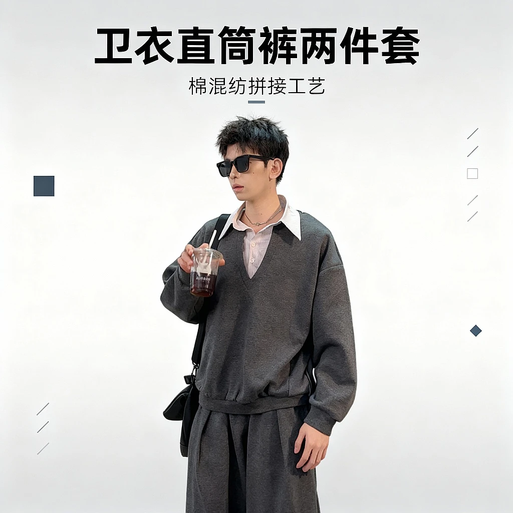 不太董【薄雾清晨】卫衣假两件秋季男休闲套装秋季宽松裤潮流男士