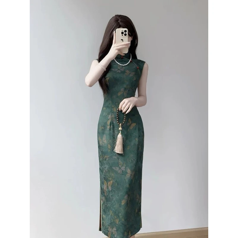 绿色旗袍夏款无袖气质2025新款老上海民国风高端修身改良连衣裙