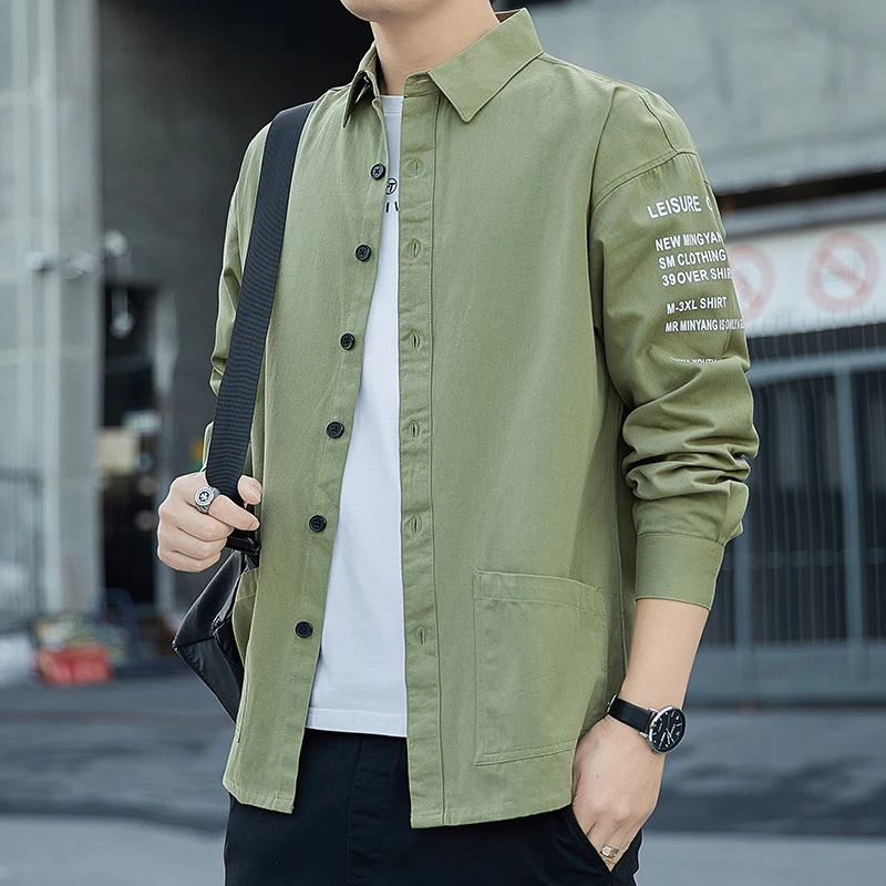 春款宽松长袖衬衫男士休闲衬衣工装外套男装秋透气灰