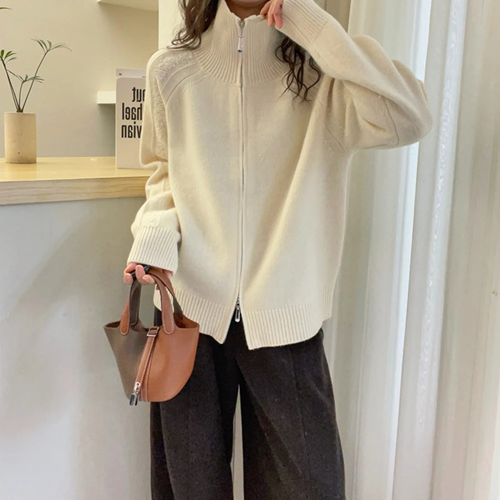 冬季时髦宽松慵懒风开衫拼接高领拉链显瘦外套休闲提花针织毛衣女