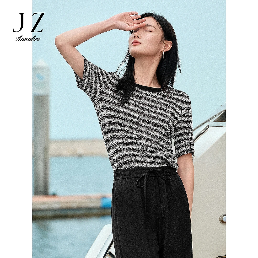 【婷婷专属】玖姿安娜蔻KWFX31212小香风镂空亮丝短袖针织衫