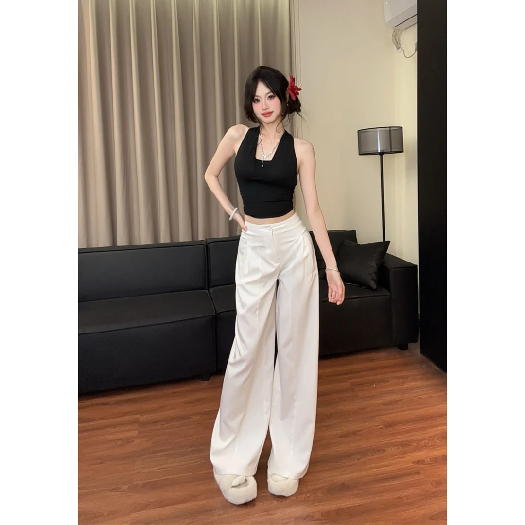 黑色挂脖小吊带背心女内搭2025新款春夏短拖地宽松百搭阔腿休闲裤