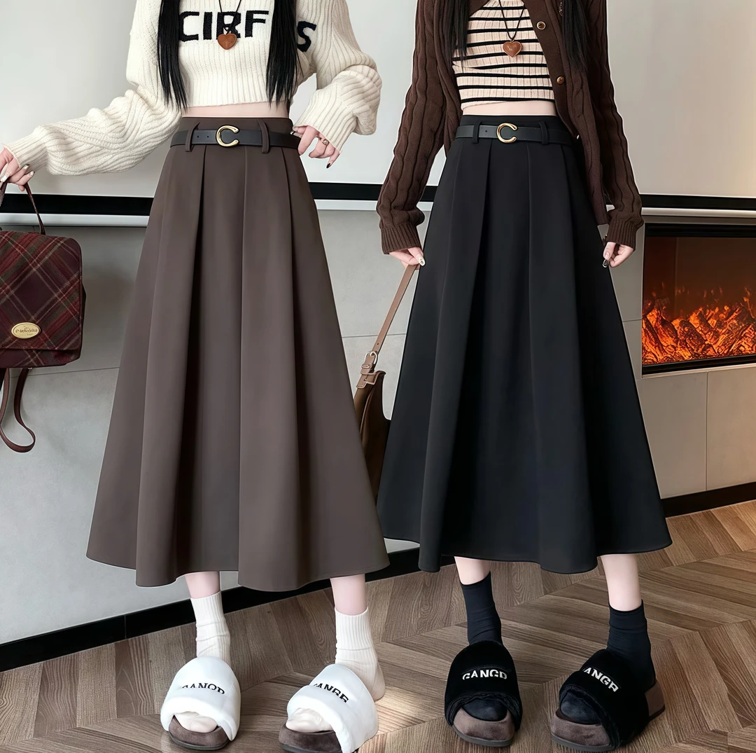【运费险+配腰带】半身赫本风高腰冬季毛呢A字加绒加厚显瘦百褶长裙
