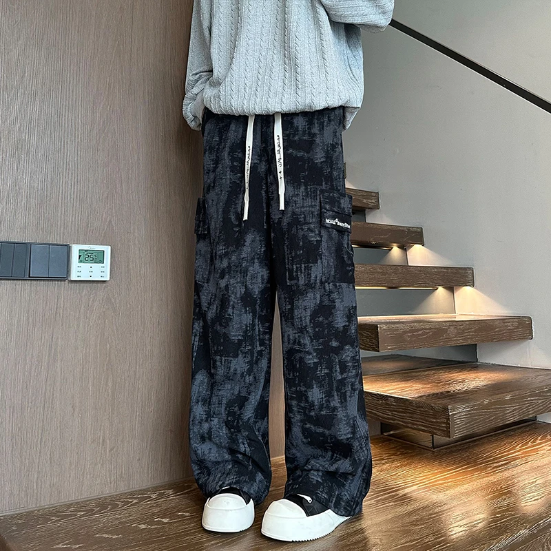 美式扎染工装裤子男生春秋季高街户外运动裤潮牌宽松直筒阔腿长裤