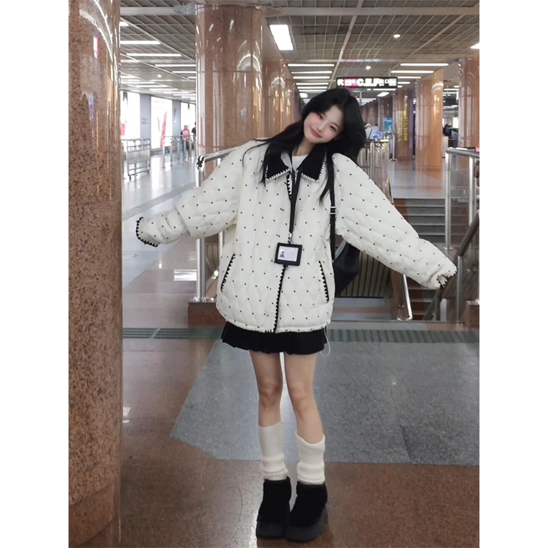 parkyeon韩系撞色翻领波点棉服女秋冬新款设计感甜美宽松棉衣外套