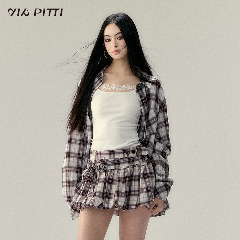 ViaPitti【达人专属】重工设计感格子衬衫+蓬蓬半裙套装VIAATP057