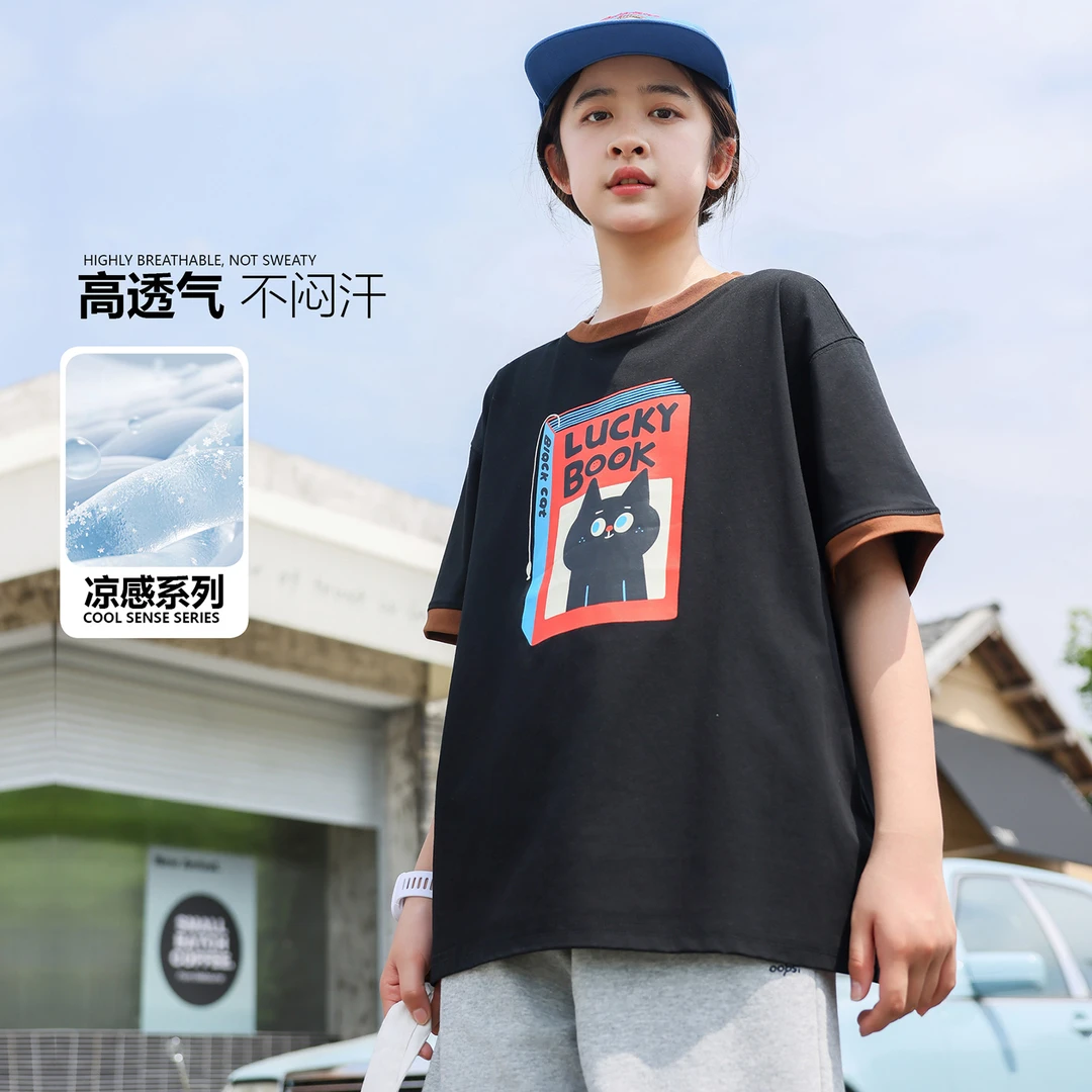 女大童短袖T恤夏装印花圆领2024新款夏季大童初中生宽松半袖上衣